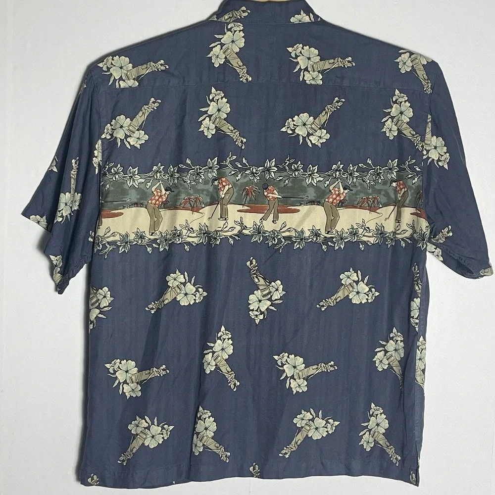 Burma Bibas Korea Men's XL Silk Short Sleeve Shirt Tropical Hawaiian Blue Golf